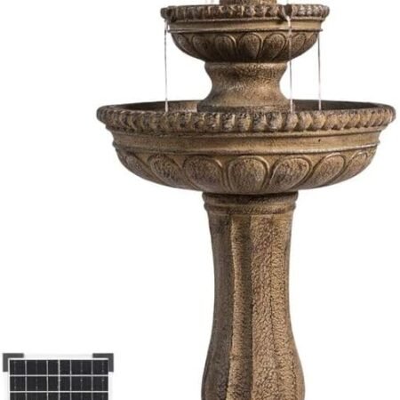 39" Solar Water Fountain, 2-Tier, Outdoor, Sand Stone Resin, with Solar Panel & Solar Pump for Home Garden Yard Décor