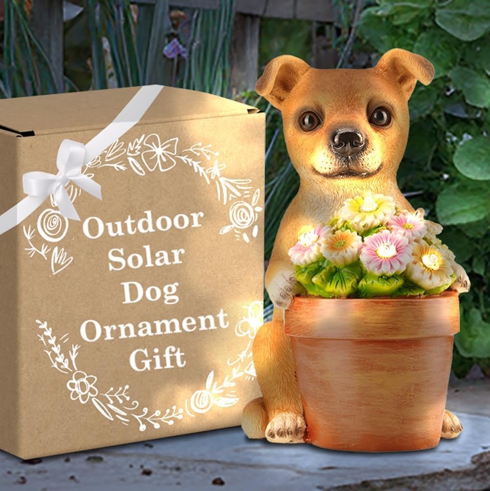 Solar Dog Statues Outdoor - Solar Powered Outdoor Dog Garden Statue - Hand Painted Floral Plant Pot Light Up Dog