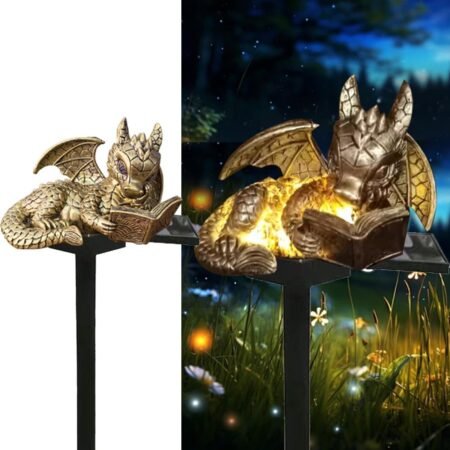 Solar powered dragon reading warm light, garden decorative resin cute animal ground lamp, Wireless dusk to daggry LED lights are waterproof.