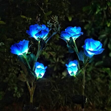 Solar Rose Garden Lights,  2 Pack Solar Flower Light with 6 Realistic Rose Flowers, LED Waterproof Stake Lights for Yard Patio Pathway Home Outdoor Decor (Blue)