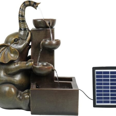 20" Solar-Powered Elephant Water Fountain - 4-Tier Resin Outdoor Garden Fountain with Solar Panel & Pump for Patio, Porch, Balcony, Yard Decor (Bronze)