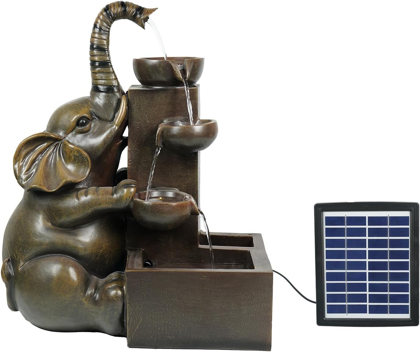 20" Solar-Powered Elephant Water Fountain - 4-Tier Resin Outdoor Garden Fountain with Solar Panel & Pump for Patio, Porch, Balcony, Yard Decor (Bronze)