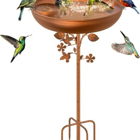 Metal Bird Bath for Outside, 39.6" Height Standing Bird Feeder Birdbath Bowl for Outdoors with 5 Prongs Base Stake, Vintage Copper Freestanding Birdfeeders for Garden Yard Lawn Decor (A)
