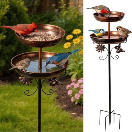 Bird Bath for Outside, 45.3In Vintage Freestanding Birdbaths & Birdfeeder for Outdoors, Detachable Double Metal Bird Feeder Water Bowls for Garden Patio Yard Lawn Decor, 2026 Upgraded 5-Pronged Base