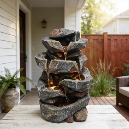 4-Tier Natural Rock Tabletop Waterfall Fountain with LED Lights