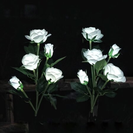 Solar Garden Rose Lights,  2 Pack Realistic Solar Outdoor Flower Lights Waterproof LED Stake Landscape Decorative Lights with 5 Roses for Garden, Lawn, Yard, Pathway, Patio, Backyard (White)