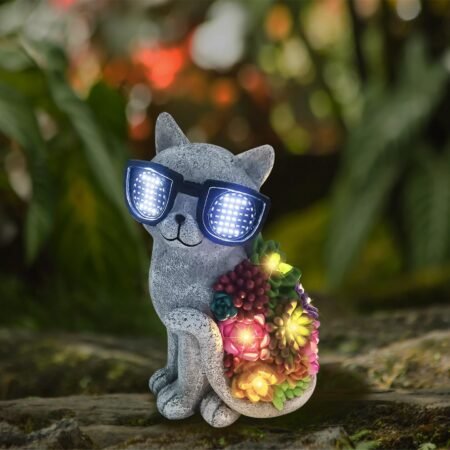 LED Solar Powered Cat with Glasses Light, Outdoor Atmosphere Cat Glasses Will Light Up, Cute Resin Animal and Combination Garden Landscape Lights