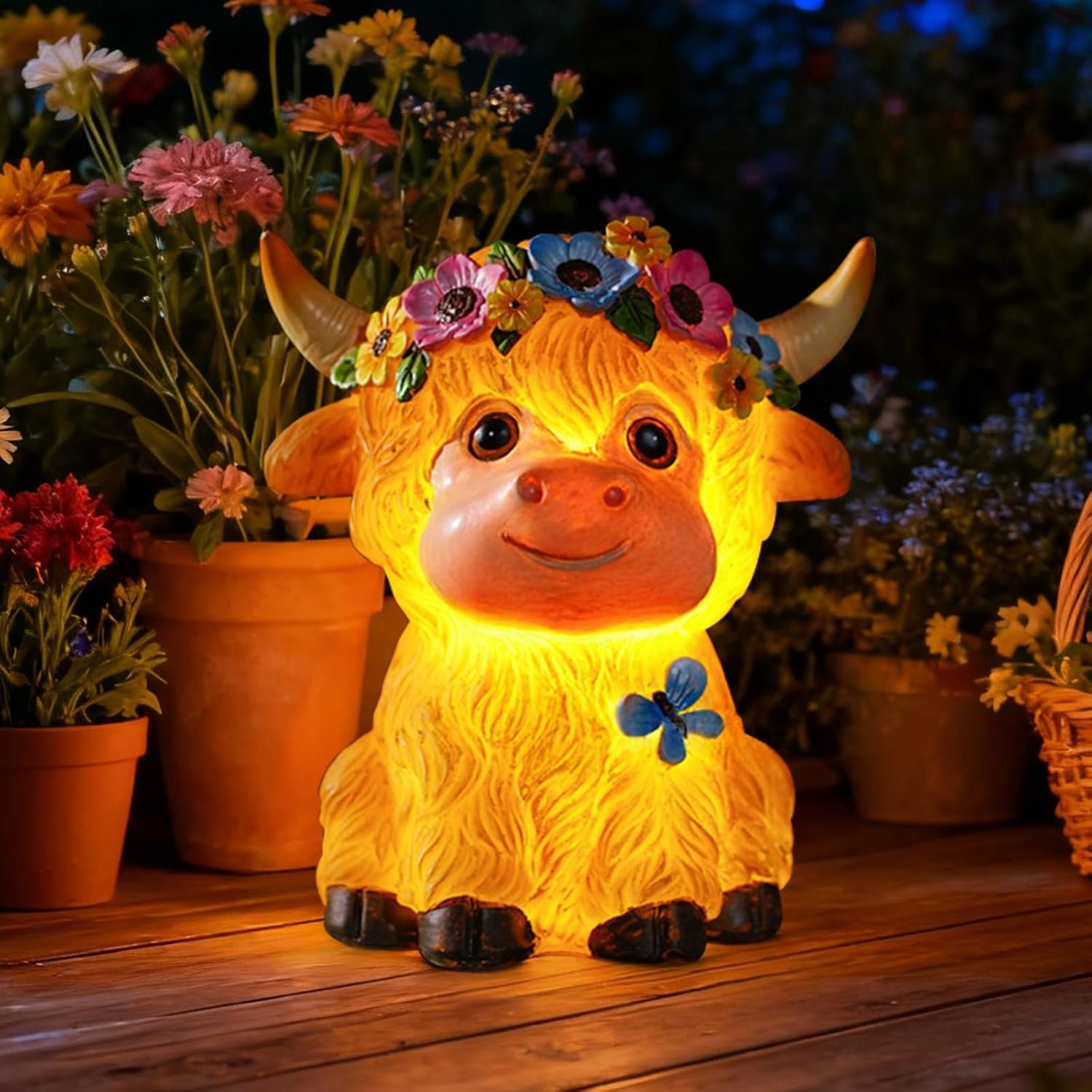 Cow Solar Garden Decoration for Outdoors, Garden Animal Decoration with Solar Light, Weatherproof and Durable, Highland Cow Statue with Flower Wreath for the Garden Lawn, Women Mum Birthday