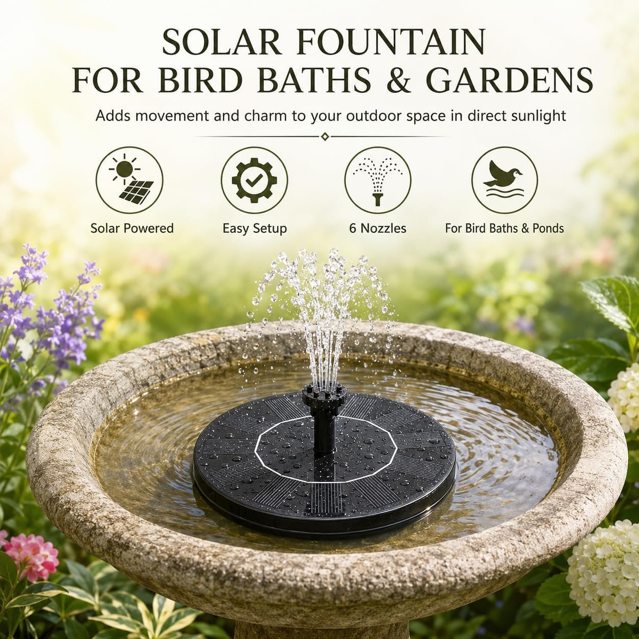 Improved Solar Bird Bath Fountain Pump Solar Powered Water Fountain with 6 Nozzles for Bird Baths, Gardens, Ponds and Pools - Ideal Decoration for Outdoor Use - Image 2