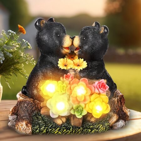 Outdoor decoration of garden black bear statue, solar powered two teddy bear resin statues with 4 LED lights, courtyard lawn, garden art, spring, autumn, winter, Christmas decoration