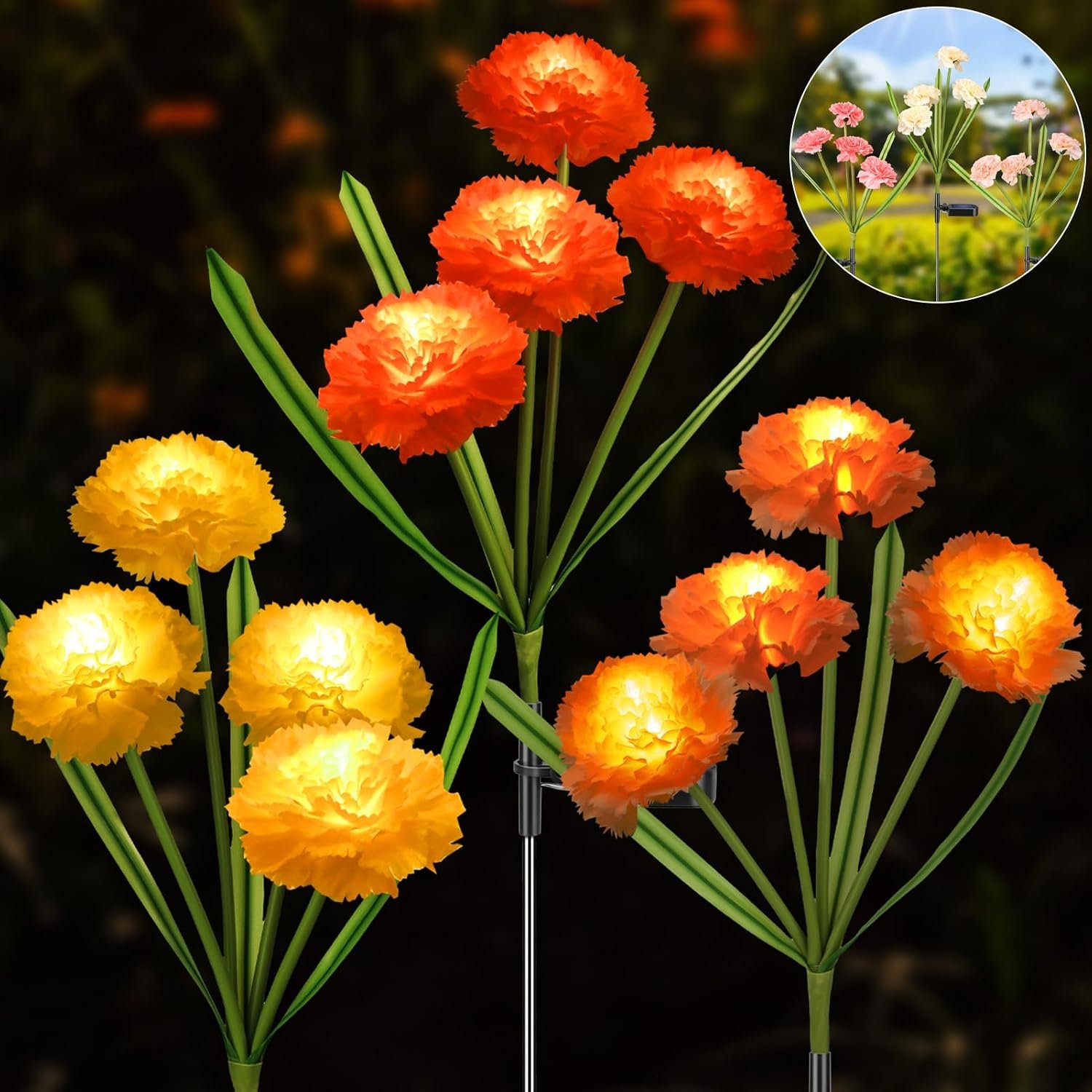 Solar Flowers Outdoor Waterproof, Solar Carnation Stake Lights Outside with 12 Real Looking Flowers for Yard Decorations Outdoor, Front Yard, Garden, Flower Bed, Lawn, Patio Decor (3 Pack)
