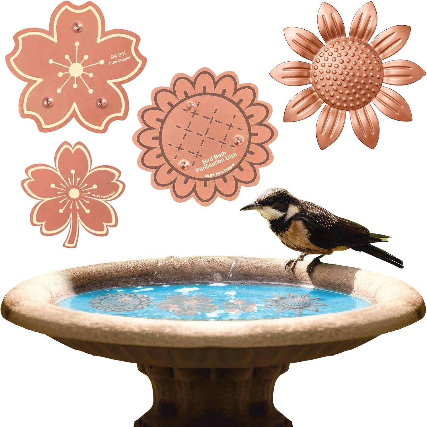 4 Pcs Bird Bath Copper Disk, Floral Style, Red Copper