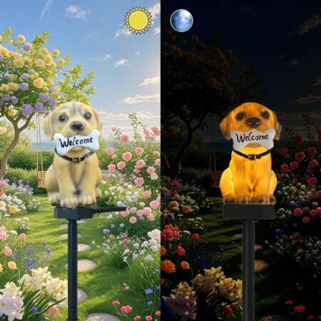 Solar Powered Little Yellow Dog Lights, Garden Decorative Resin Cute Animal Ground lamp, Wireless Dusk to Dawn LED Lights Waterproof.