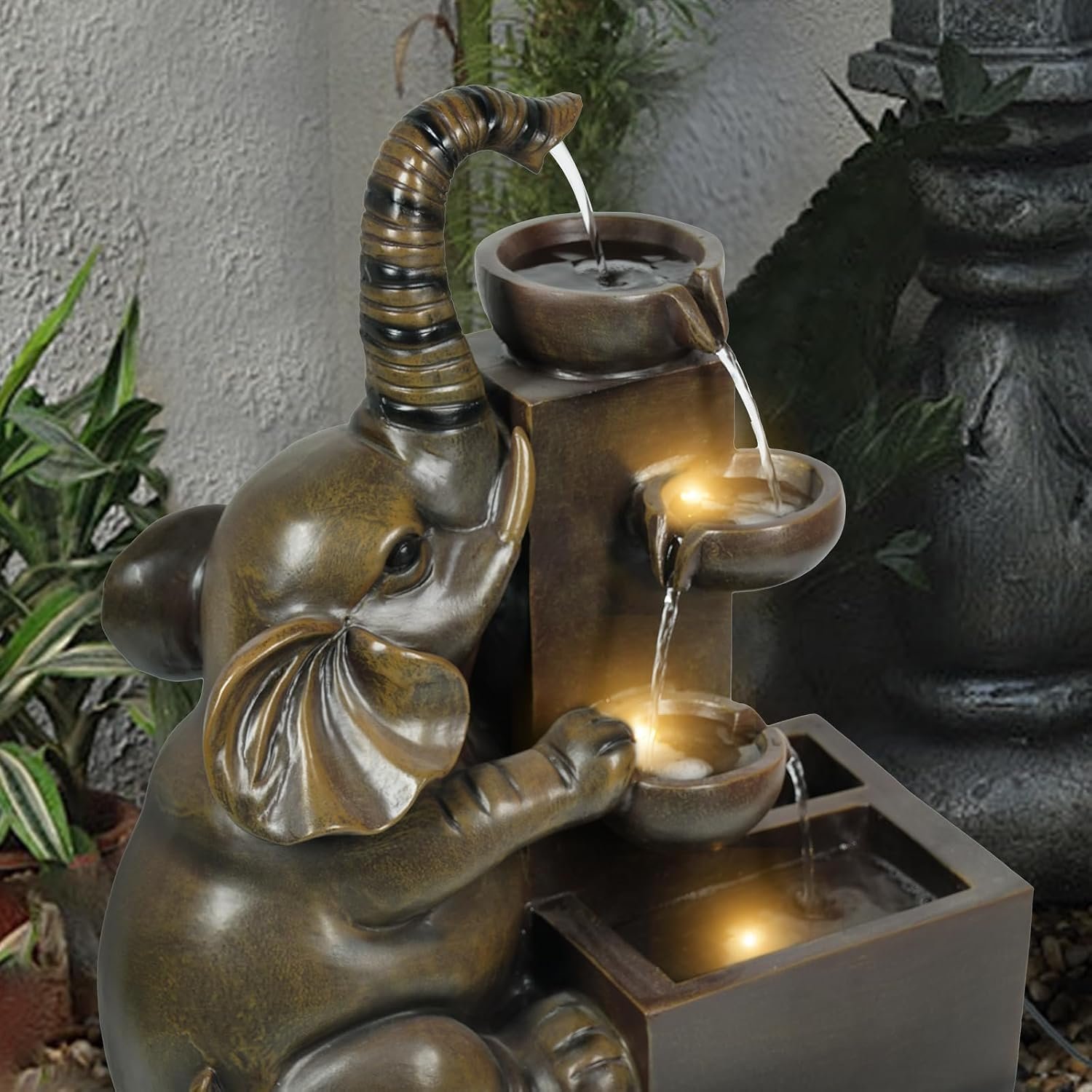 20" Solar-Powered Elephant Water Fountain - 4-Tier Resin Outdoor Garden Fountain with Solar Panel & Pump for Patio, Porch, Balcony, Yard Decor (Bronze) - Image 2