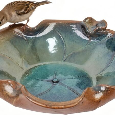 Ceramic Bird Bath and Feeder for Outdoor & Indoor, Heavy Duty 12.5-Inch Ground, Deck Feeding Bowl, Wildlife Water Station for Bird Squirrel Rabbit Bee - Garden, Yard, Balcony Décor