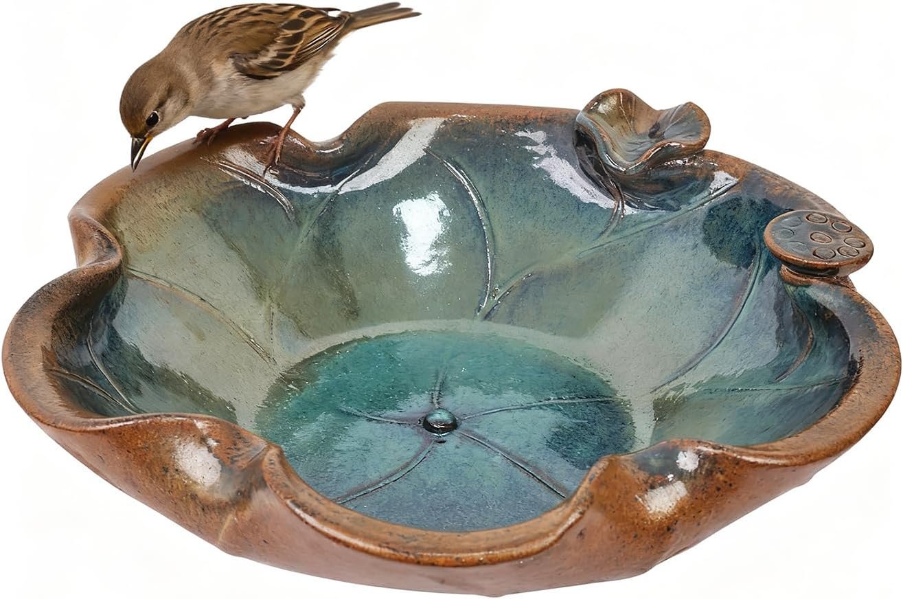 Ceramic Bird Bath and Feeder for Outdoor & Indoor, Heavy Duty 12.5-Inch Ground, Deck Feeding Bowl, Wildlife Water Station for Bird Squirrel Rabbit Bee - Garden, Yard, Balcony Décor