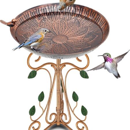 13" Diameter Vintage Metal Bird Bath, Birdbaths with Cast Iron Pedestal, Large Antique Bird Feeder for Outdoors Garden Patio Decor (Copper Lotus)