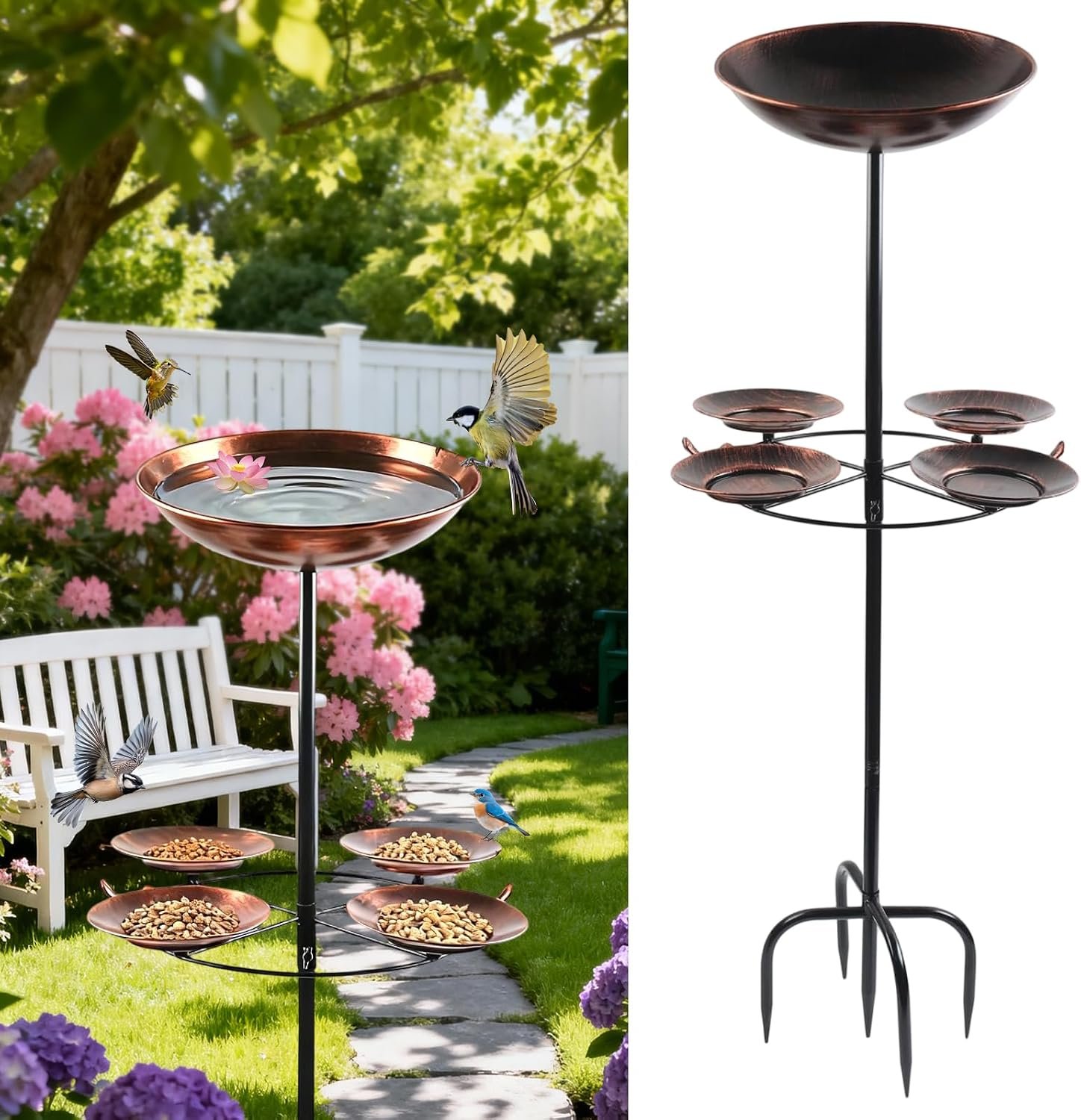 Standing Bird Bath with 5 Feeding Bowls, 105 cm Metal Bird Bath for Garden