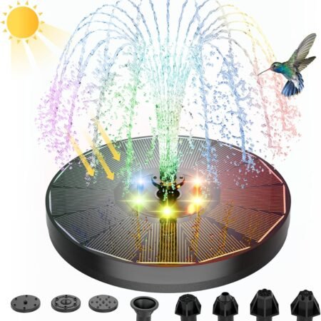 Solar Powered Fountain 4W Bird Bath Fountains Pump Upgraded Glass Panel Fountains with Color LED Lights 7 Nozzles & 4 Fixers for Garden Small Pond Outdoor Swimming Pool Fish Tank