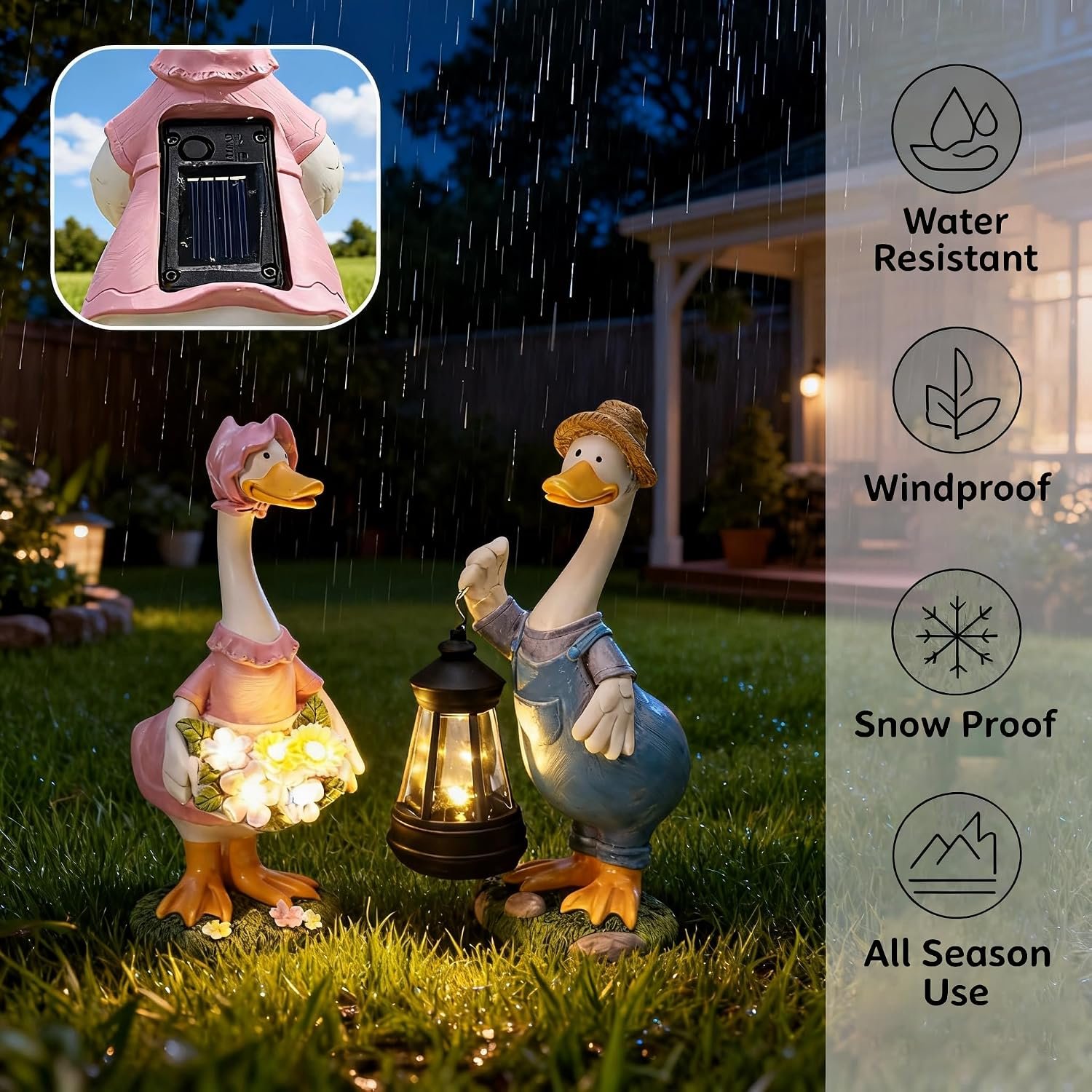 2 Pack Porch Goose Statues, 10 Inch Solar Powered Light Up Resin Garden Statues, Waterproof Outdoor Decor for Patio Lawn, Cute Duck Goose Figurine - Image 2