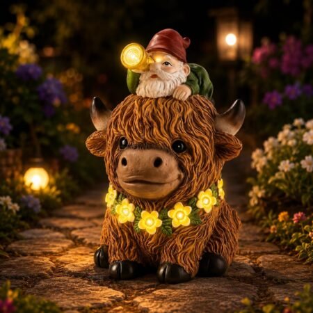 Highland Cow Gifts Solar Garden Gnome Outdoor Figurine Lights Yard Art