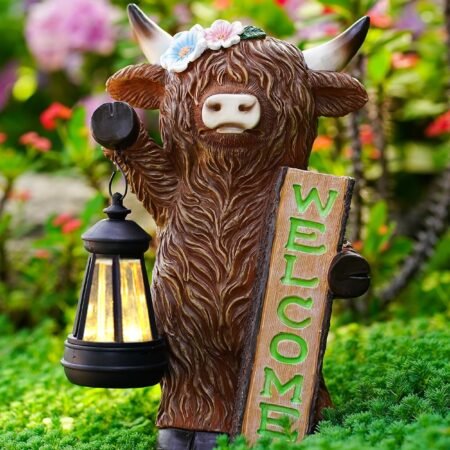 Solar Powered Highland Cow with Solar Lantern, Brown Animal Garden Ornament with Flower Accents, Wooden Sign Welcome, Front Door/Patio/Garden Decoration, Unique Housewarming Gift for