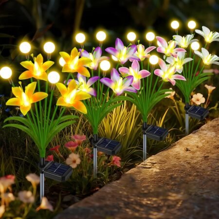 Solar Garden Flowers,Firefly Glow with 4 Color Wild Lily Lights, Solar Flowers Outdoor Waterproof for Patio Yard Garden Decoration, Gifts for Women Mom