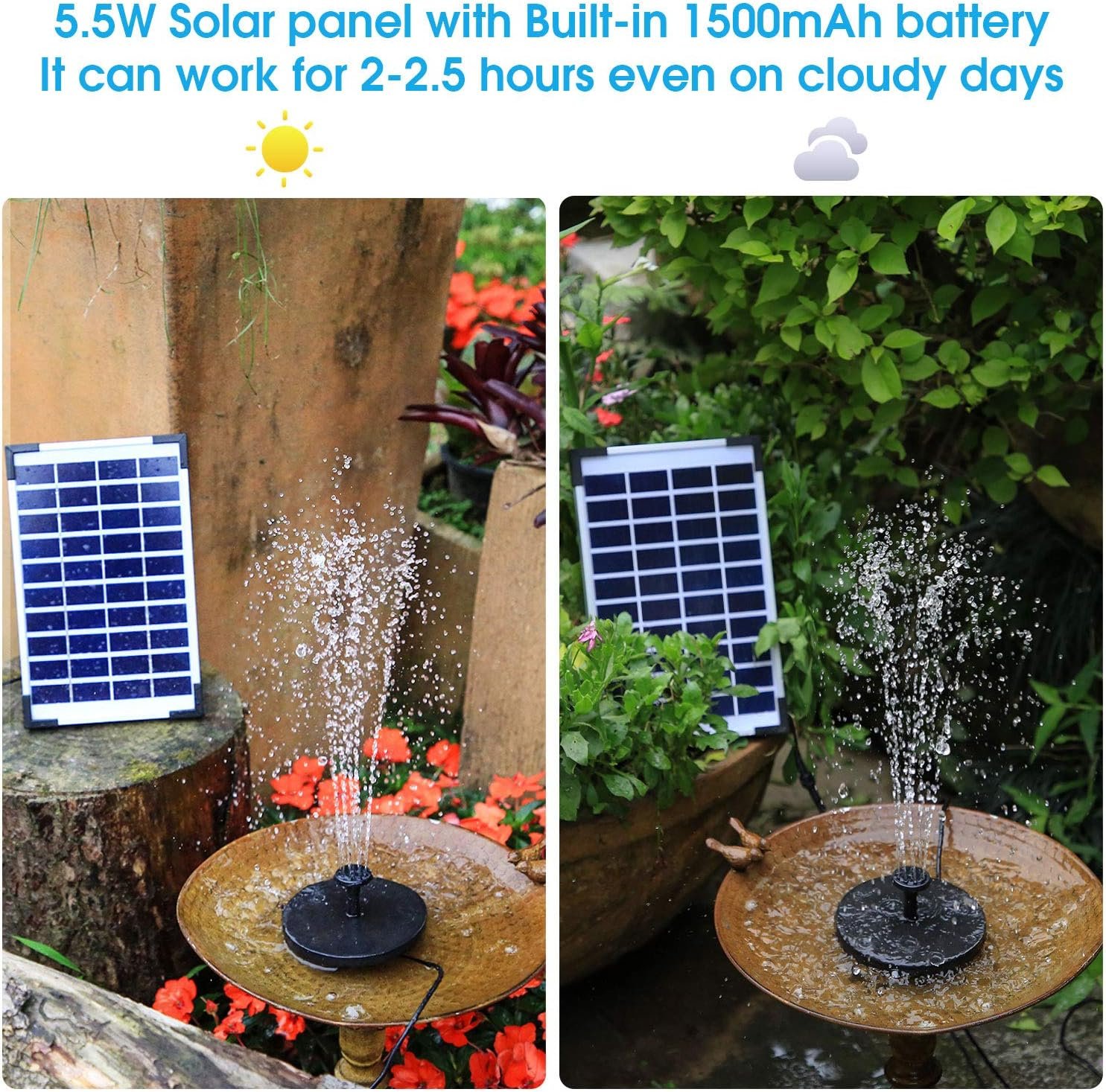 5.5W Solar Fountain Pump Built-in 1500mAh Battery, Solar Water Pump Floating Fountain with 6 Nozzles, Solar Powered Pump for Bird Bath, Pond, Garden and Fish Tank Pond and Other Places - Image 2
