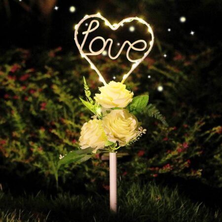 16 Inch Solar Heart Garden Stake Lights with 3 Artificial Flowers Metal Garden Art for Patio Lawn Garden Decor Solar Outdoor Love Sign for s Memorial and Ideal Gifts for Loved Ones