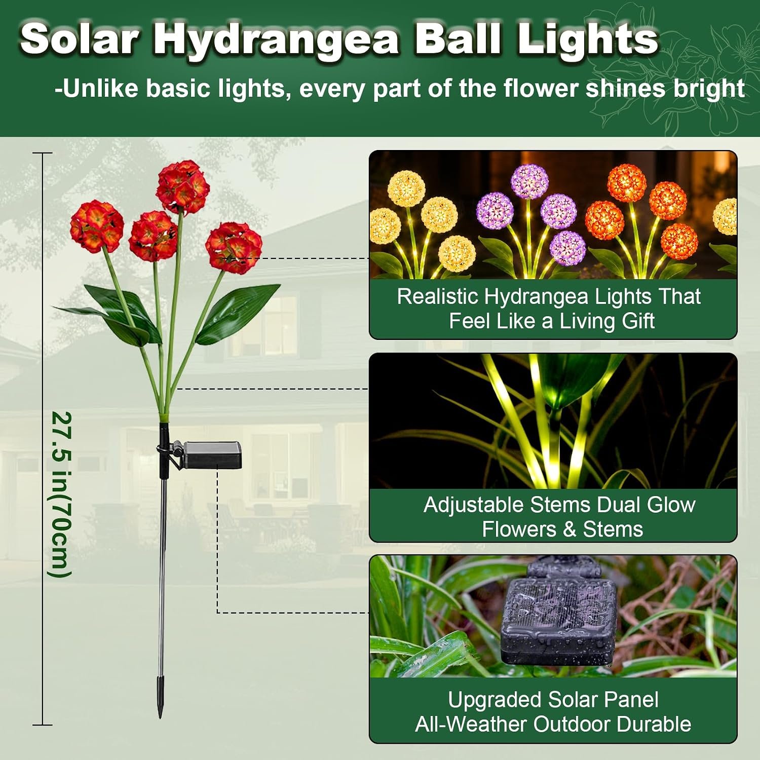 Solar Hydrangea Flower Lights Outdoor, Glowing Flowers & Adjustable Lighted Stems, Upgraded Solar Panel, Waterproof Garden Lights for Yard Lawn Patio Pathway Decor, Gift for Mom (2Pack) - Image 2