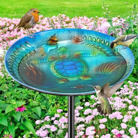 Metal Bird Bath for Outside Bird Feeder Bowl, Detachable Birdbath & Birdfeeder with Base Stake, Vintage Bird Baths for Outdoors Garden Yard Lawn Decor (Blue)