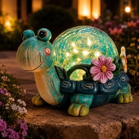 Turtle Solar Lights Outdoor, Cute Resin Statues with Crackled Glass Globe