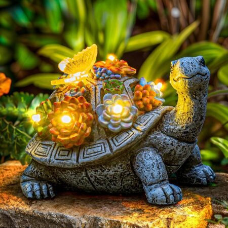 Solar Garden Outdoor Statues Turtle with Succulent and 7 LED Lights - Lawn Decor Tortoise Statue for Patio, Balcony, Yard Ornament - Unique Housewarming Gifts