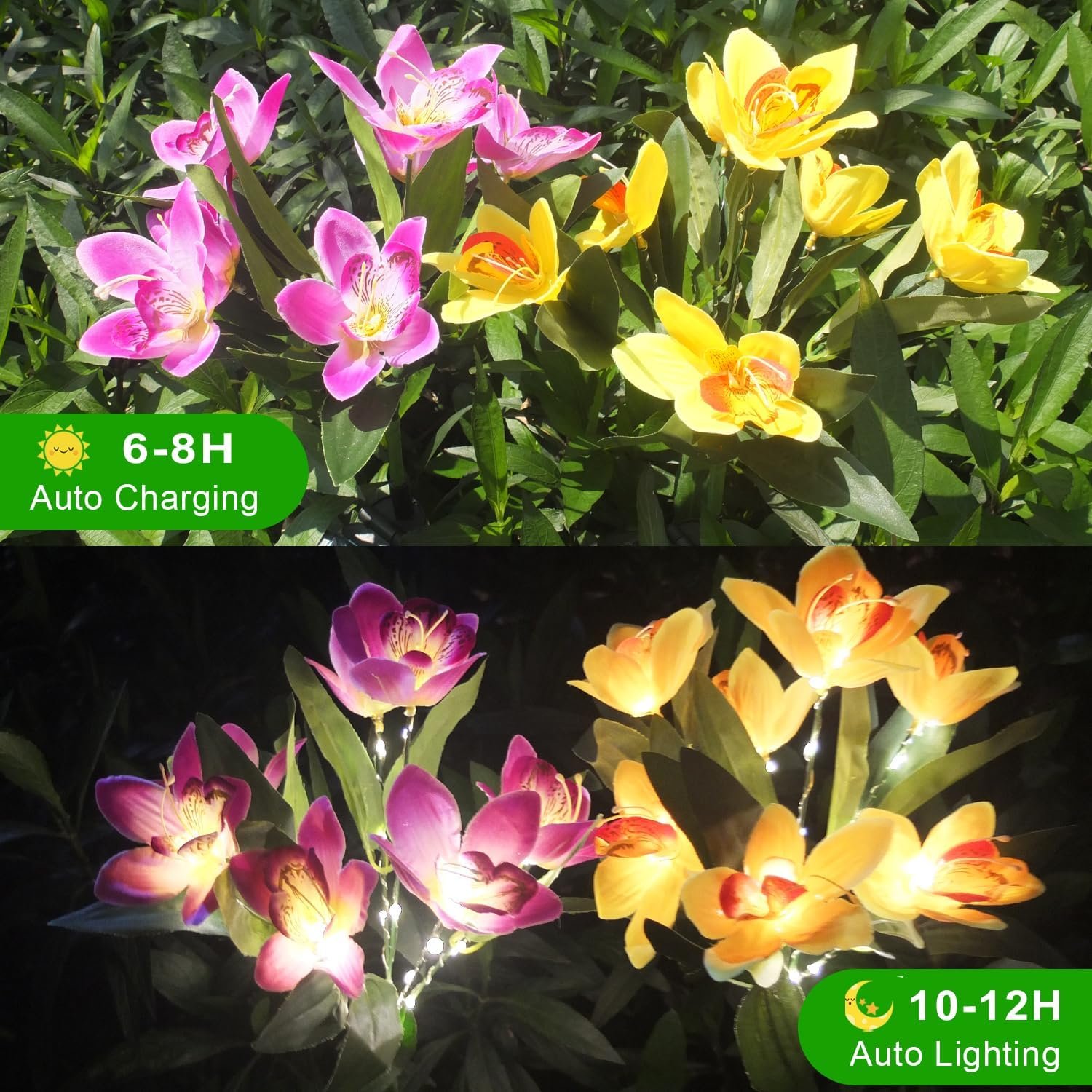 Solar Flower Lights, 2 Pack Solar Flowers with 14 Blooming Purple & Yellow Orchids, Waterproof Outdoor Decorative Lights for Garden, Yard, Patio, Pathway, Lawn, Flowerbed, Grave, Cemetery Decor - Image 2