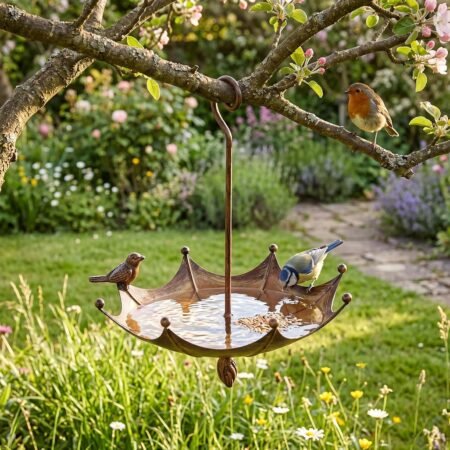 Umbrella Bird Feeder Tray, Umbrella Bird Bath, Vintage Metal Hanging Birds Feeder Tray for Outdoor, Inverted Umbrellas Birds Feeders, Rustic Cast Wild Outdoor Garden Decor Water