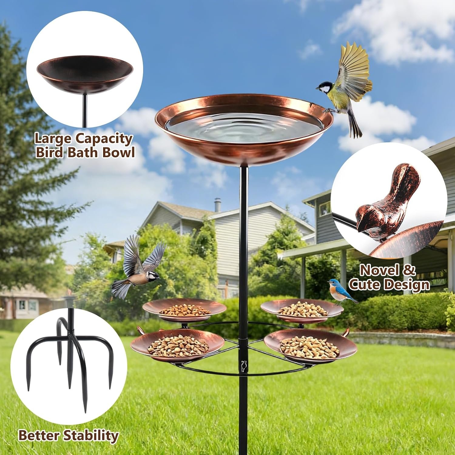 Standing Bird Bath with 5 Feeding Bowls, 105 cm Metal Bird Bath for Garden - Image 2