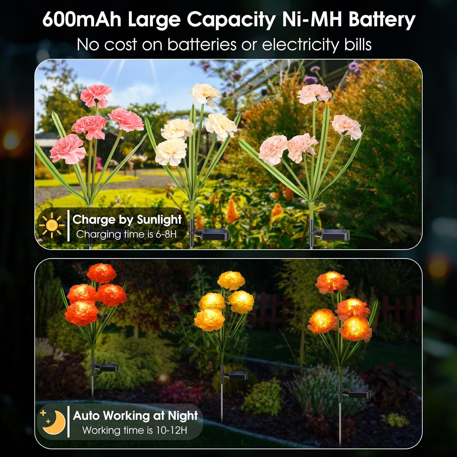 Solar Flowers Outdoor Waterproof, Solar Carnation Stake Lights Outside with 12 Real Looking Flowers for Yard Decorations Outdoor, Front Yard, Garden, Flower Bed, Lawn, Patio Decor (3 Pack) - Image 2