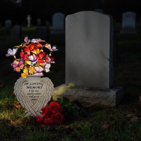 Solar Cemetery Flowers Grave Stake Lights - Waterproof Memorial Solar Powered Artificial Flower Bouquet with Butterfly Decoration for Outdoor  (Angel Wings with Flowers)