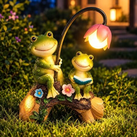 Solar Powered Frog Garden Statue with Flower Lamp, Resin Reading Frog Figurine for Patio Lawn Yard Outdoor Decor, Unique Gift for Frog Lovers (Green)
