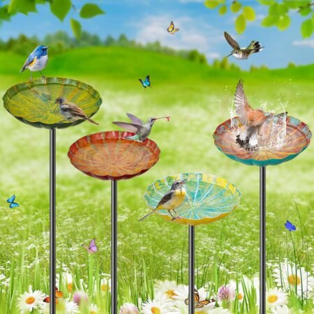 Metal Flower Bird Bath for Outside, Small Hummingbird Bath Bowl Detachable Birdfeeder Bowl Garden Decor for Outdoor Yard Lawn (4PCS-Flowers)